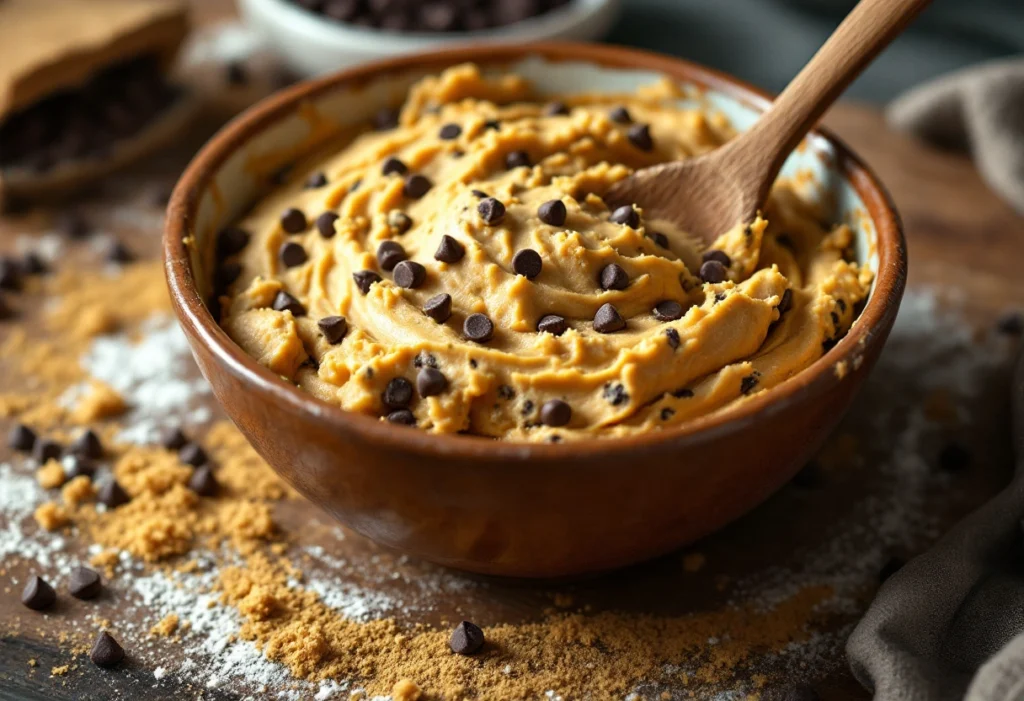 Close-up of cookie dough being mixed in a bowl, with a wooden spoon stirring the creamy texture