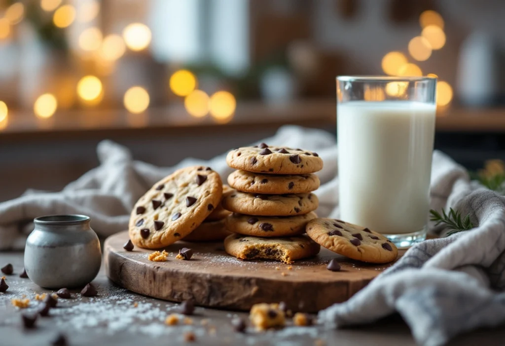 Freshly baked Nestlé chocolate chip cookies on a plate with a glass of milk