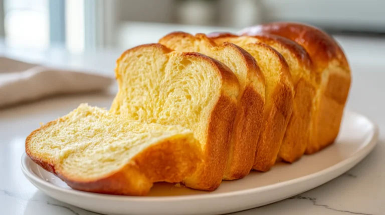 Sliced golden brioche loaf showing soft buttery texture