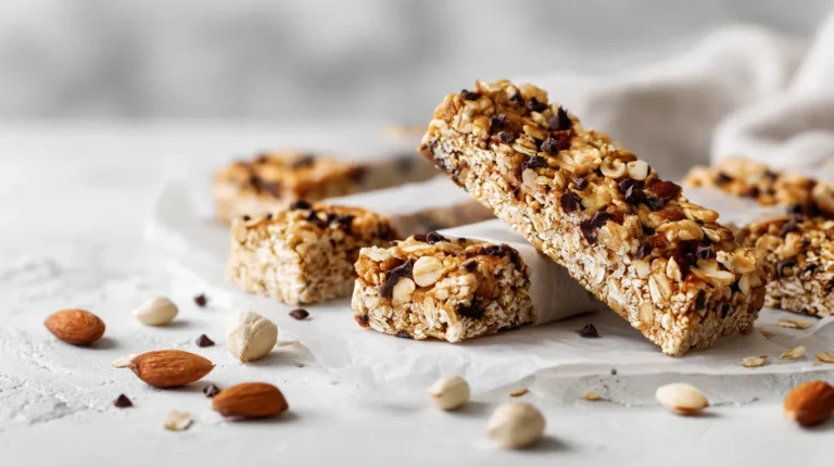 Homemade granola bars with oats, nuts, seeds, and chocolate chips on parchment paper