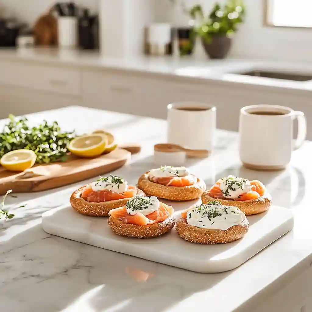 Brunch platter of bagels with lox and cream cheese