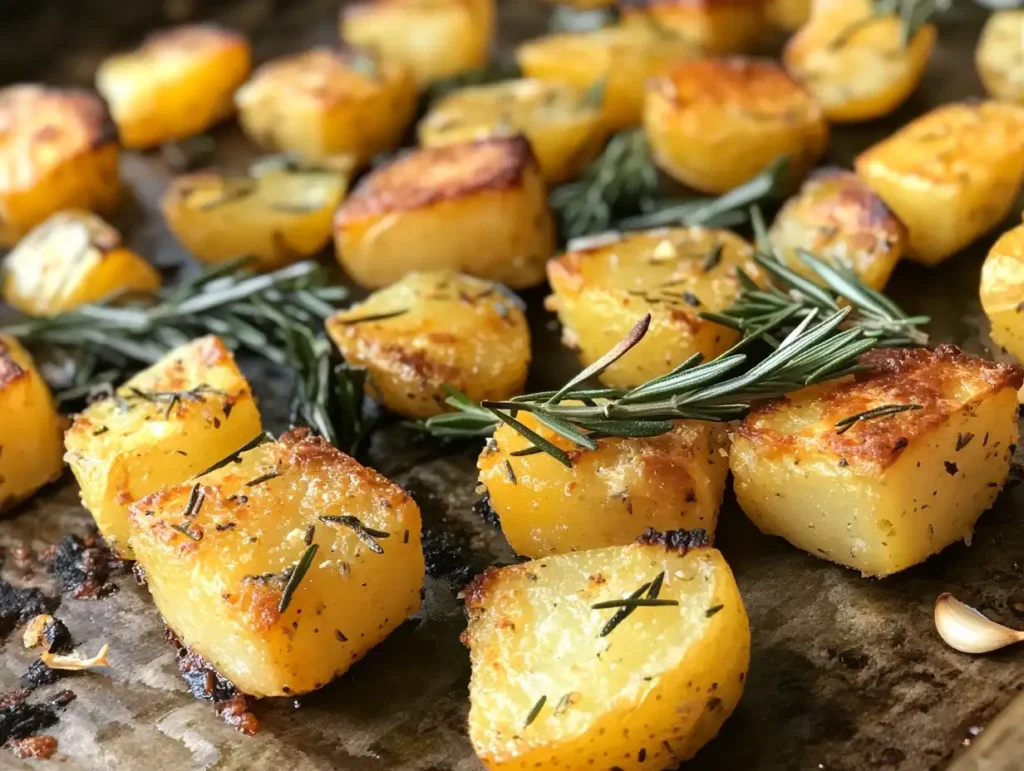 Golden-brown roasted potatoes on a baking sheet, seasoned with rosemary and garlic