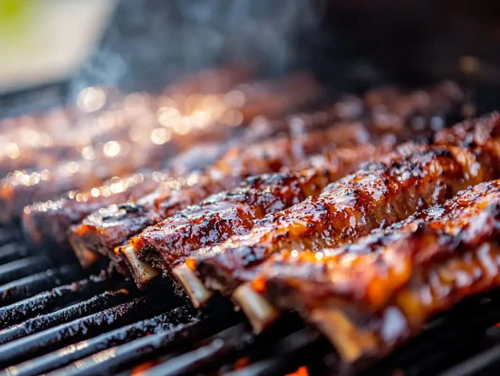 Juicy ribs smoking on a Traeger grill with wood chips visible.