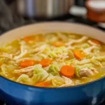 A pot of cabbage chicken soup simmering on a stovetop, with steam rising and visible chunks of vegetables and chicken.cabbage chicken soup recipe