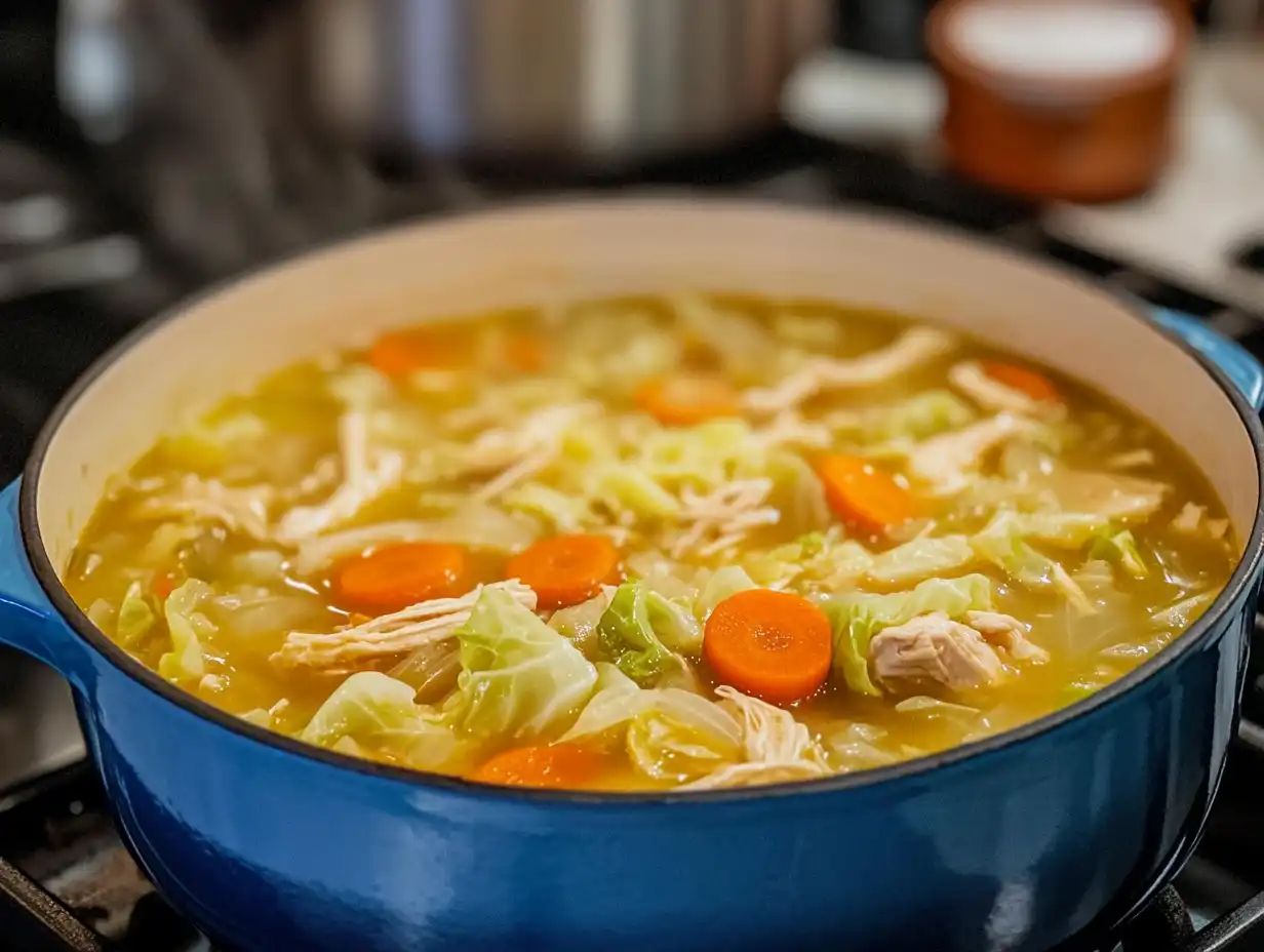 A pot of cabbage chicken soup simmering on a stovetop, with steam rising and visible chunks of vegetables and chicken.cabbage chicken soup recipe