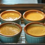 Ramekins filled with custard placed in a water bath inside an oven.