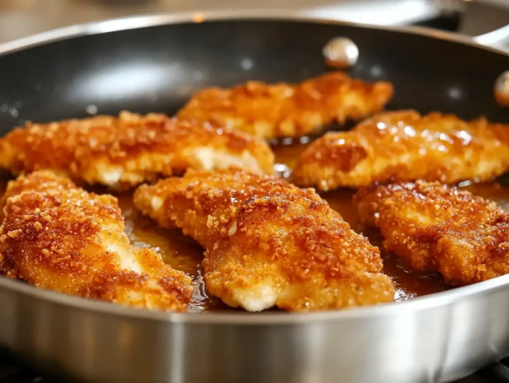 Golden-brown chicken cutlets sizzling in a skillet.