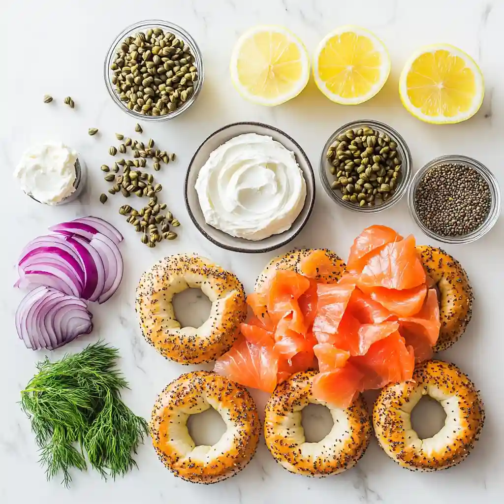 Ingredients for whole grain bagels with lox and cream cheese