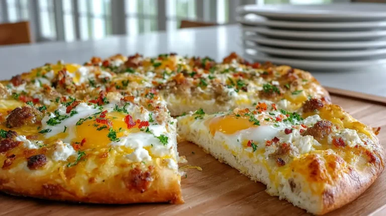 Easy breakfast pizza on golden crust with fluffy eggs and melted cheese