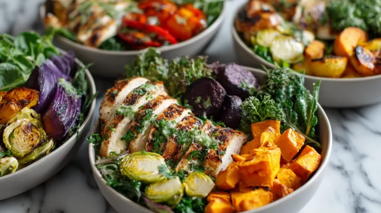AIP diet meal prep bowls with grilled chicken and roasted vegetables on white marble countertop