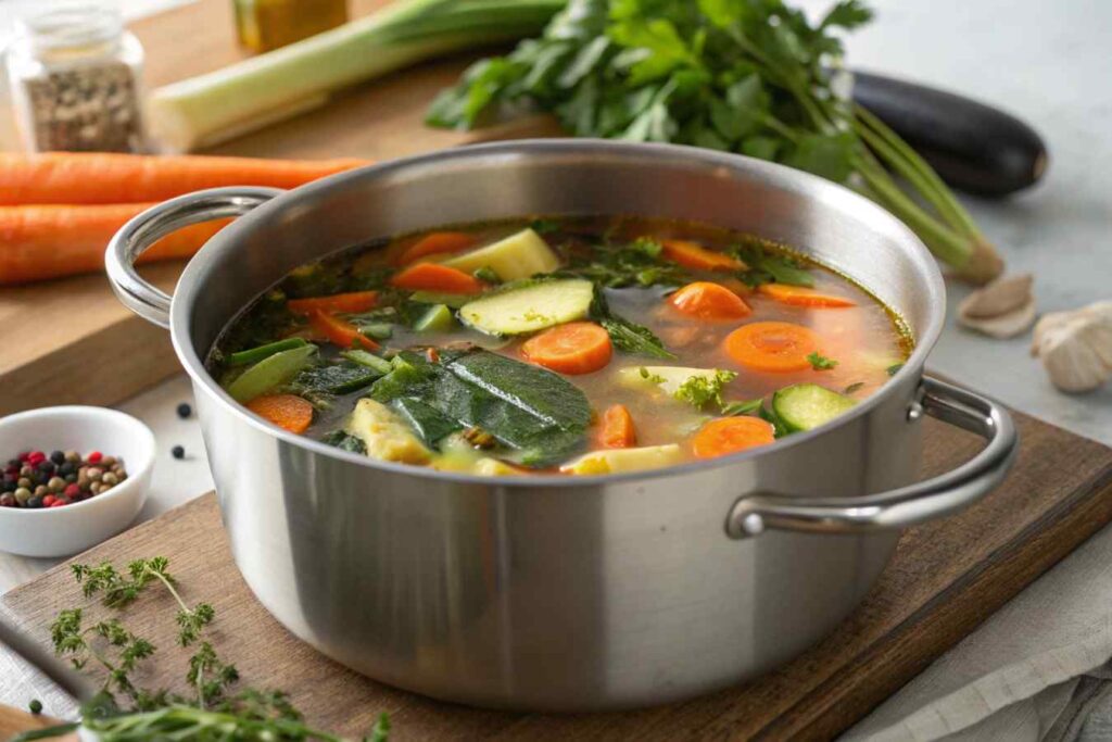 Chef adding herbs to a simmering pot of vegetable soup.