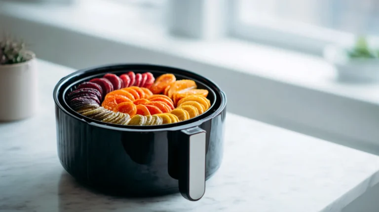 Air Fryer With Sliced Fruits Ready For Dehydration