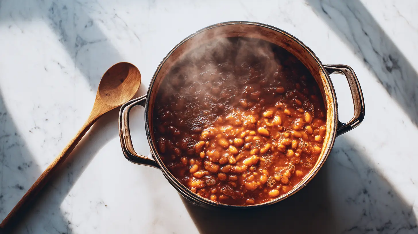 Baked beans recipe cooking in Dutch oven with bubbling sauce overhead view