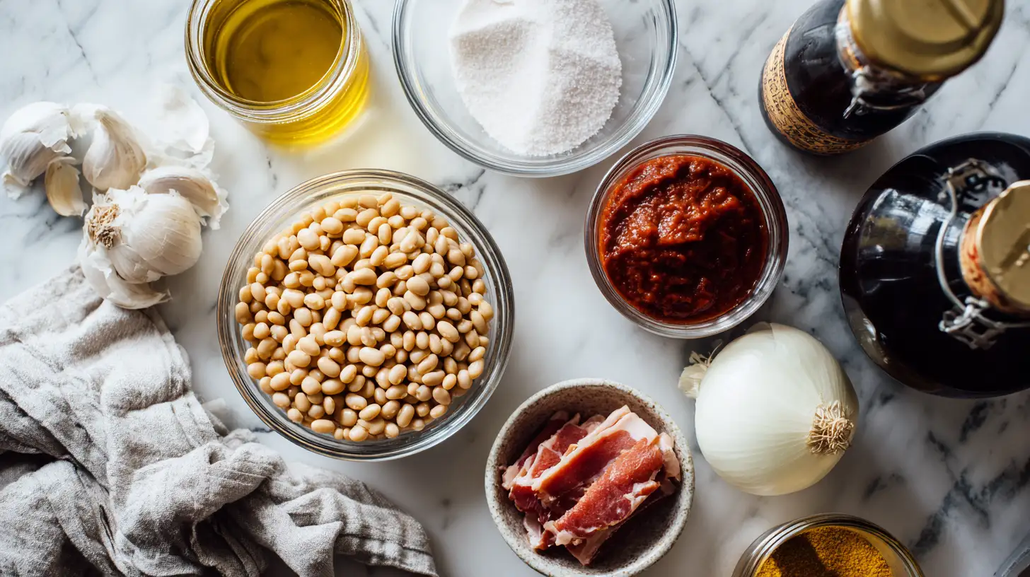 Baked beans recipe ingredients including navy beans, molasses, and bacon, overhead view