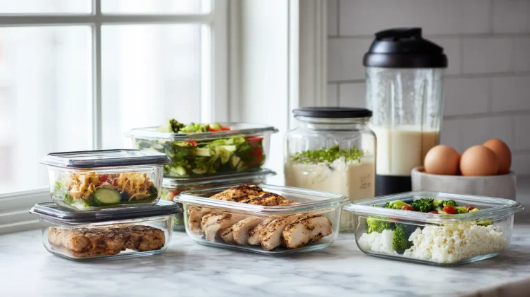 Bariatric recipes meal prep containers small portions, and high-protein meals on white marble
