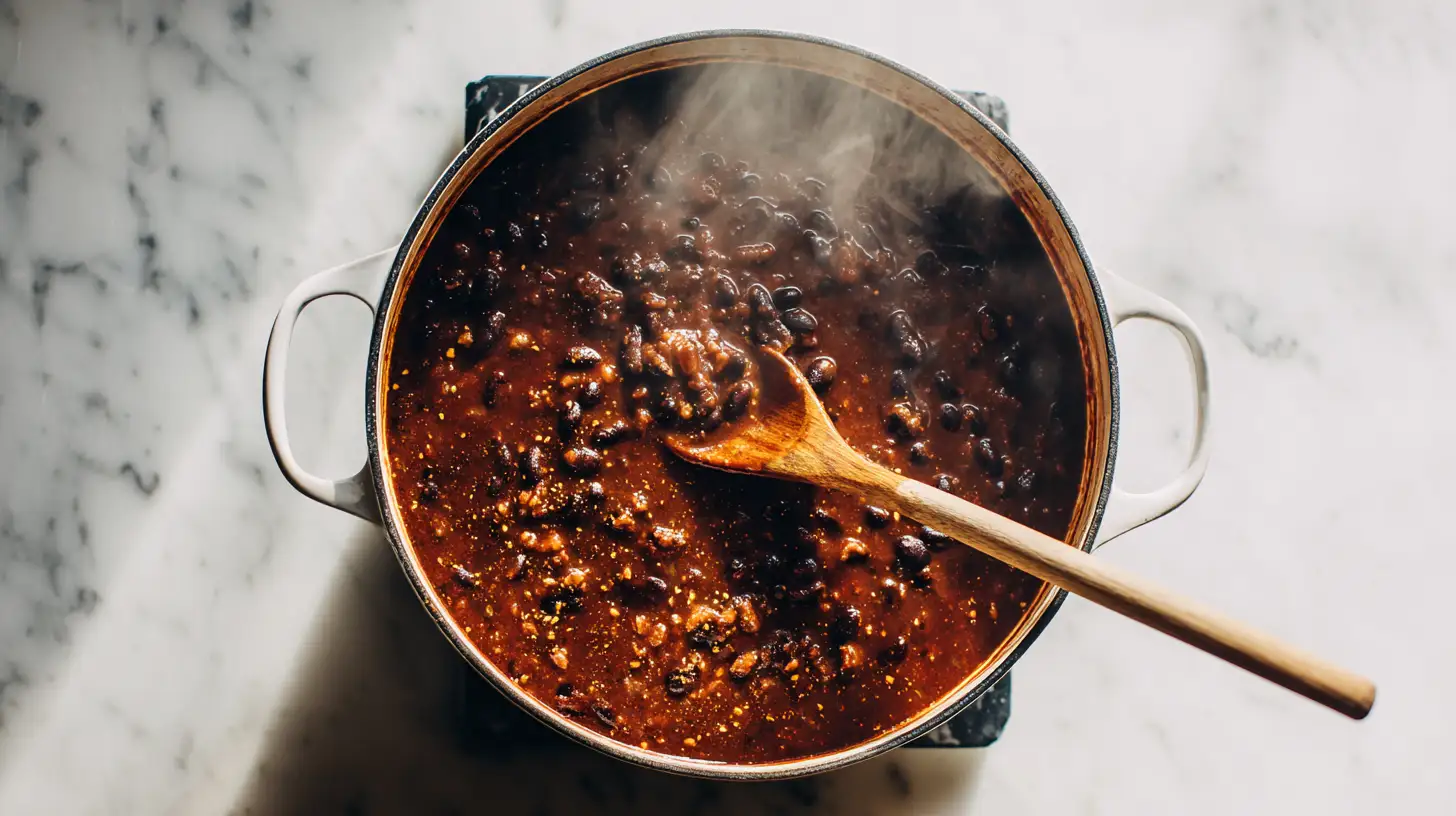 Black beans good for chili cooking in pot with spices overhead.