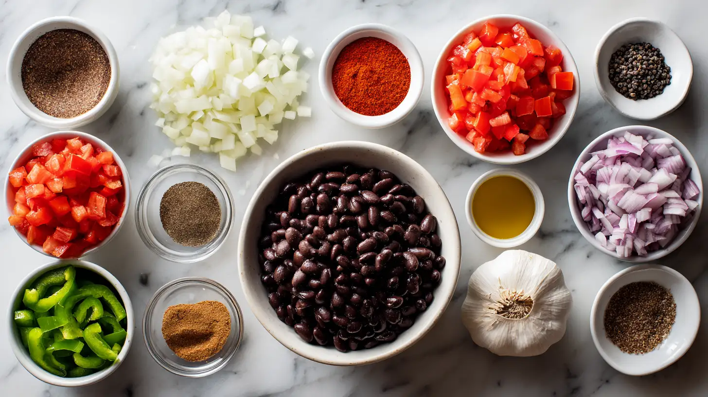 Black beans good for chili—fresh ingredients including beans, vegetables, and spices overhead view