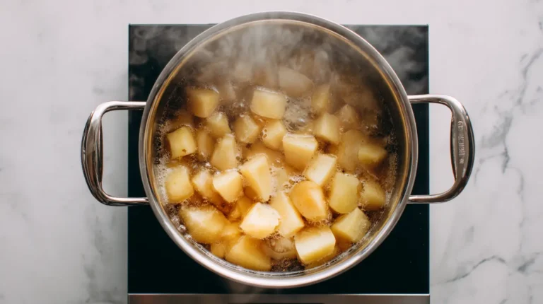 Boil potatoes before roasting—potato chunks boiling in pot overhead view