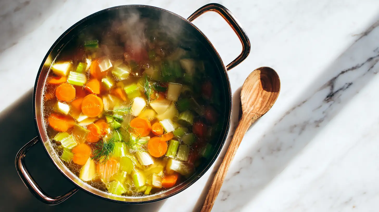 Vegetable soup cooking in pot showing what veggies are good in soup, overhead view