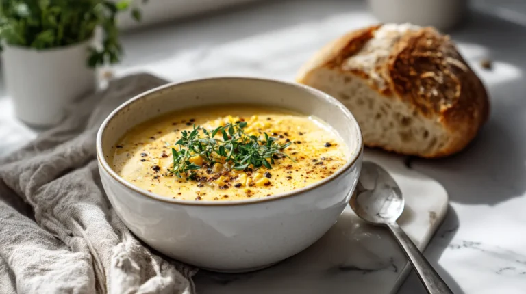 Corn chowder recipe served in a bowl on white marble