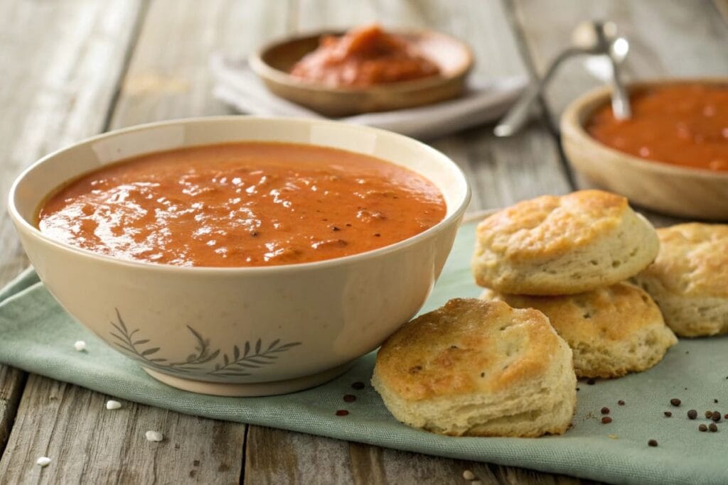 A bowl of creamy tomato gravy served with biscuits.