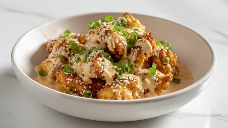 Crispy halal Bang Bang chicken with creamy spicy sauce served on a white plate — easy weeknight dinner