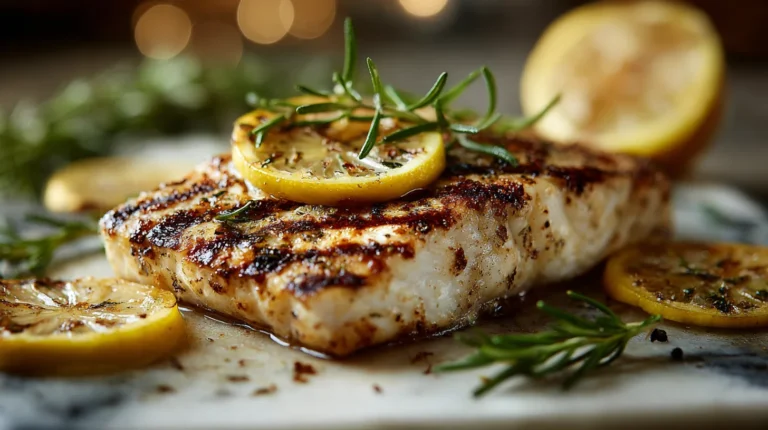 Grilled cobia recipes with herbs and lemon on white marble countertop