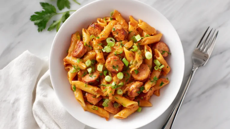 Finished pastalaya recipe in bowl with Cajun seasoning and garnish overhead view