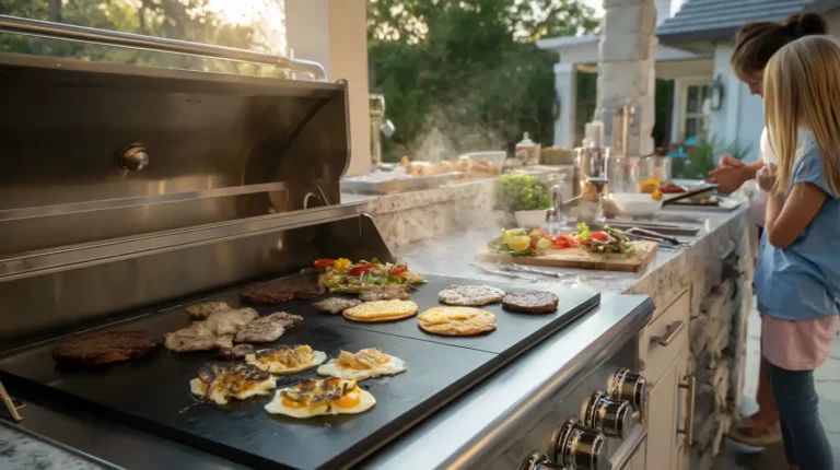 Flat top griddle recipes cooking breakfast with pancakes, eggs, and hash browns