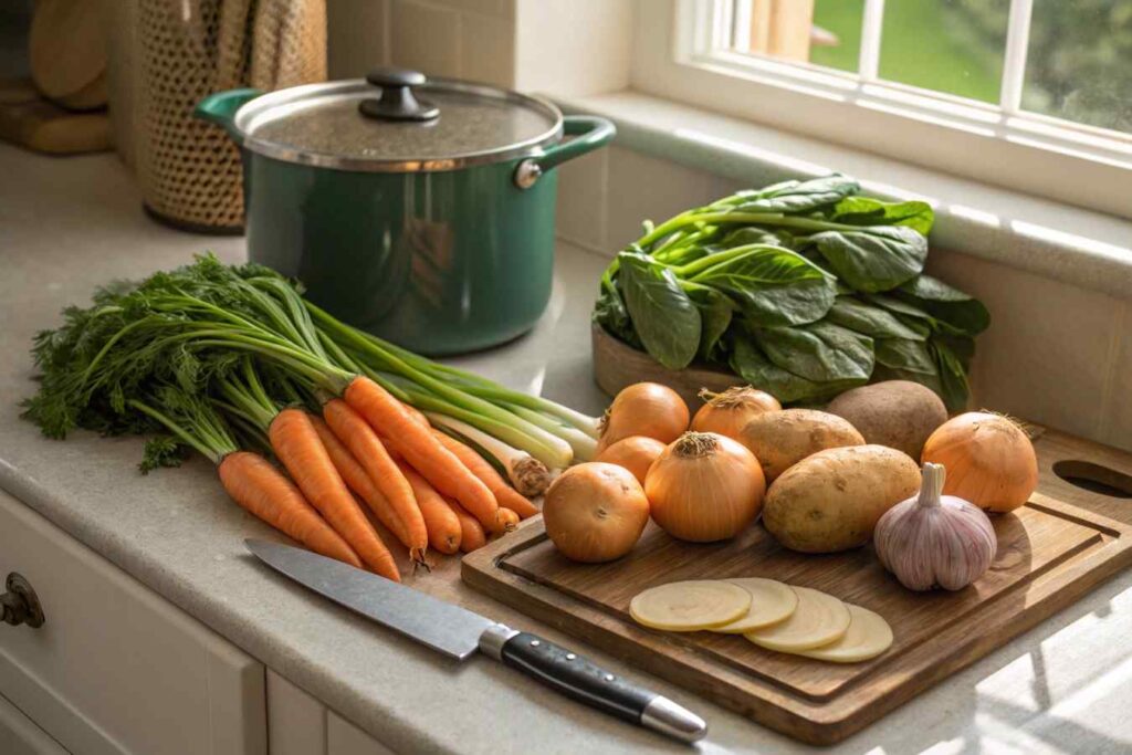 Fresh vegetables on a counter ready for soup-making.