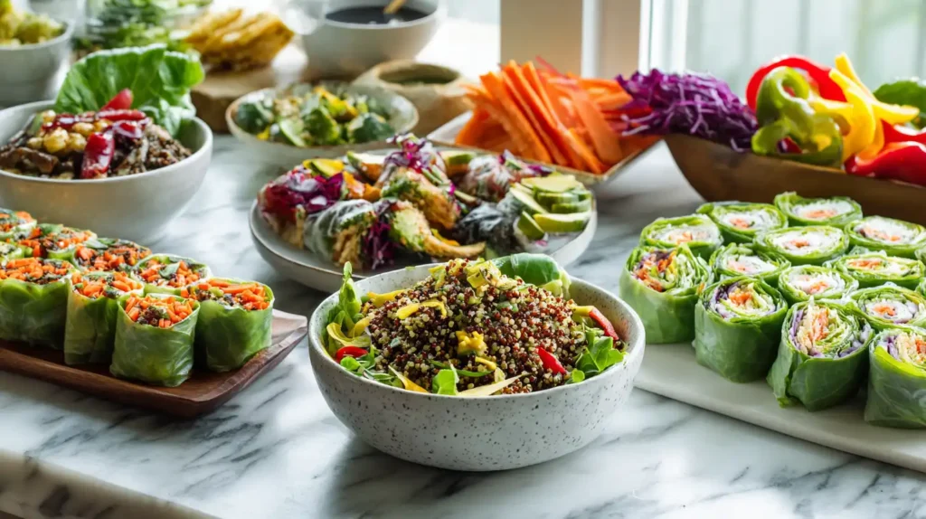 Gluten-free lunch recipes spread salad, quinoa, spring rolls, peppers, and white marble