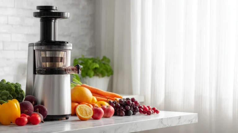 Masticating Juicer With Fresh Vegetables And Fruits On Counter