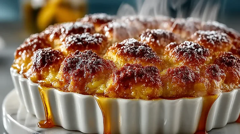 Freshly baked peach cobbler with golden crust in white dish on white marble counter