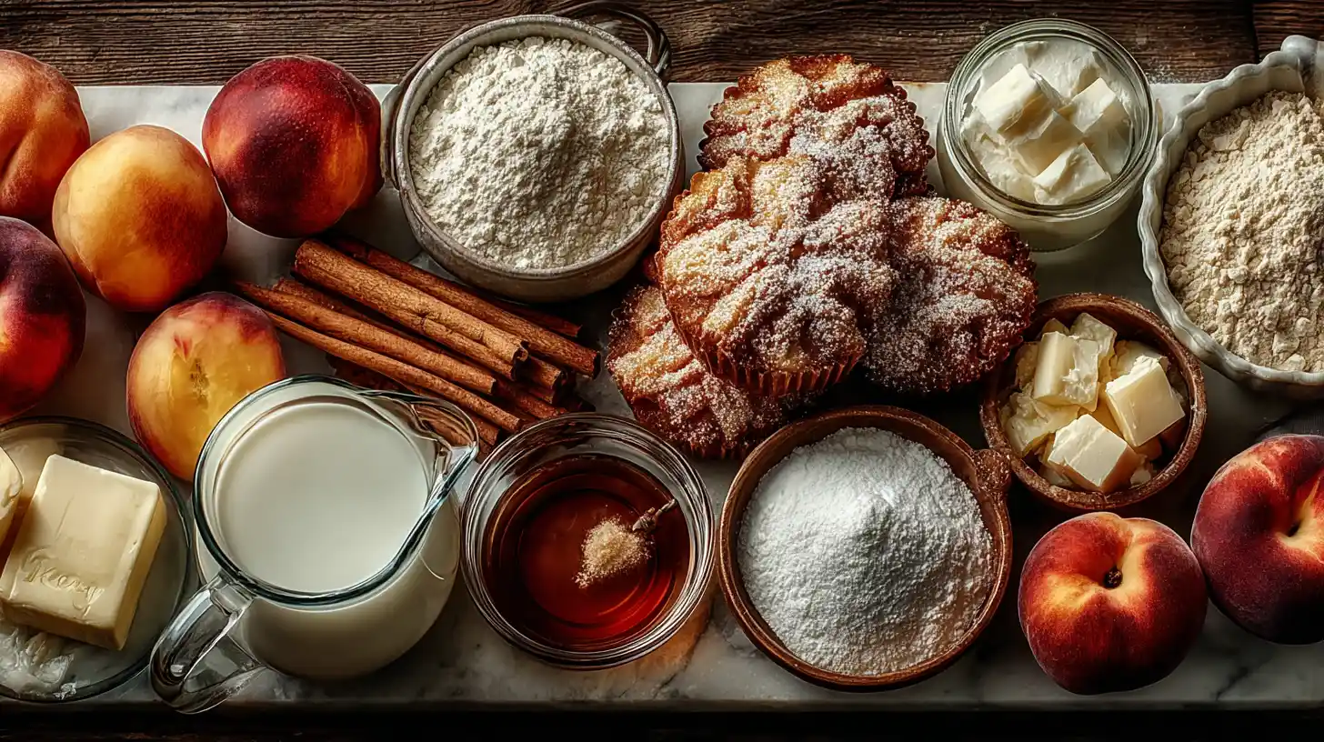 Fresh peaches, flour, butter, sugar and baking ingredients on white marble counter