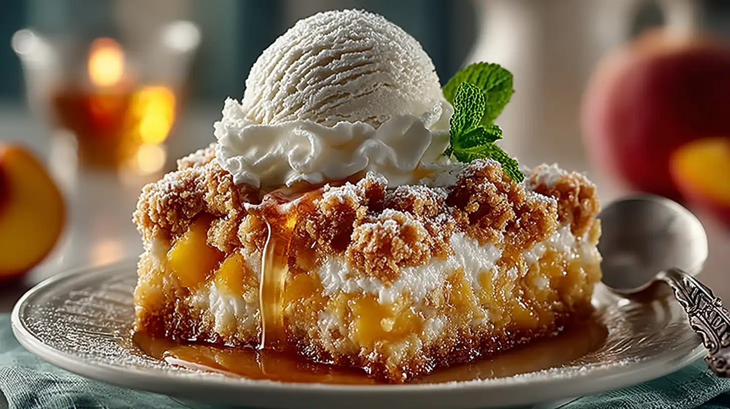 Warm peach cobbler on white plate with melting vanilla ice cream on marble counter