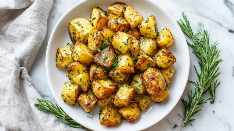 Perfect roasted potatoes with crispy golden exteriors on white plate, overhead view