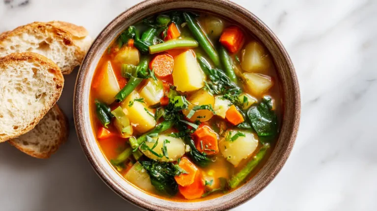 Finished vegetable soup bowl showing what veggies are good in soup with garnish overhead view