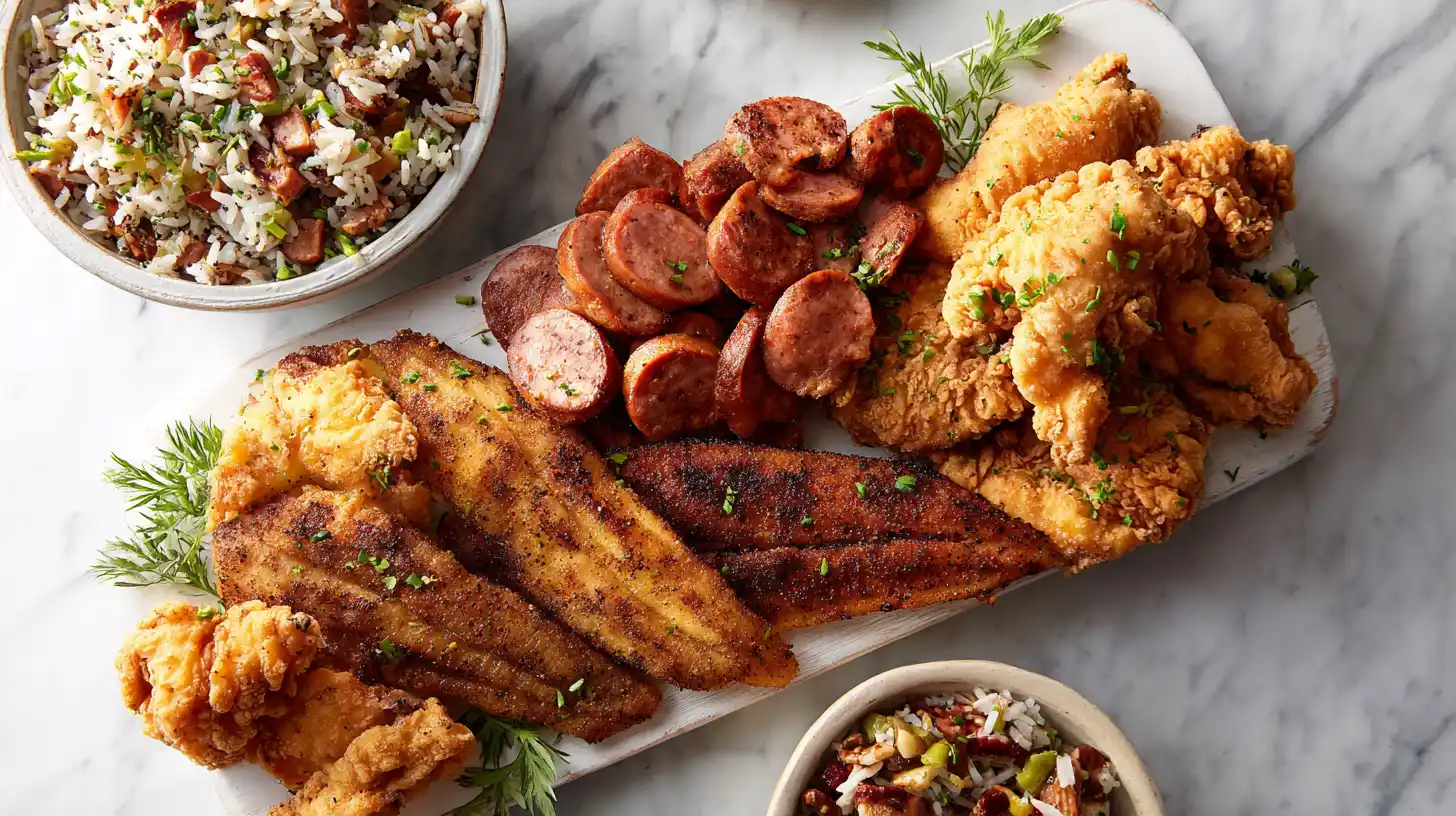 Fried chicken, andouille sausage, and blackened catfish served with dirty rice on marble