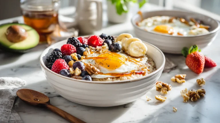 Creamy quinoa porridge in white bowl topped with fresh berries, banana slices, walnuts and honey on white marble counter
