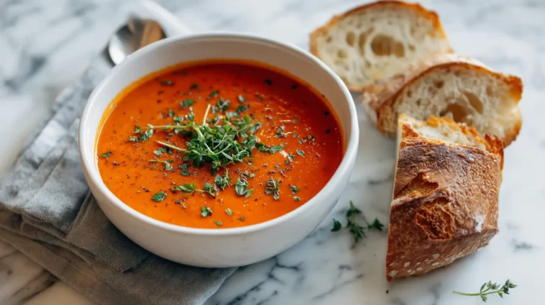 Red pepper Gouda soup served in a bowl on white marble