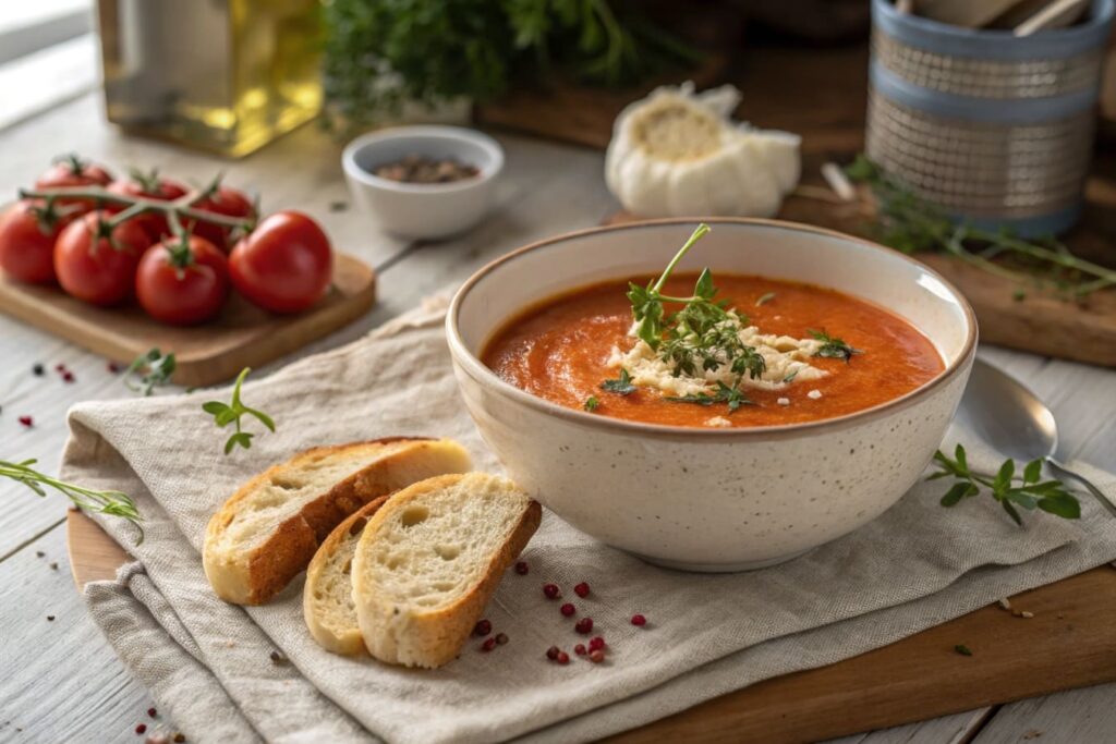 Red Pepper Gouda Soup With Fresh Herbs.