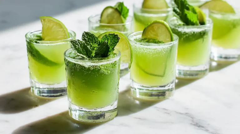Finished green tea mocktails with mint garnish in shot glasses overhead view