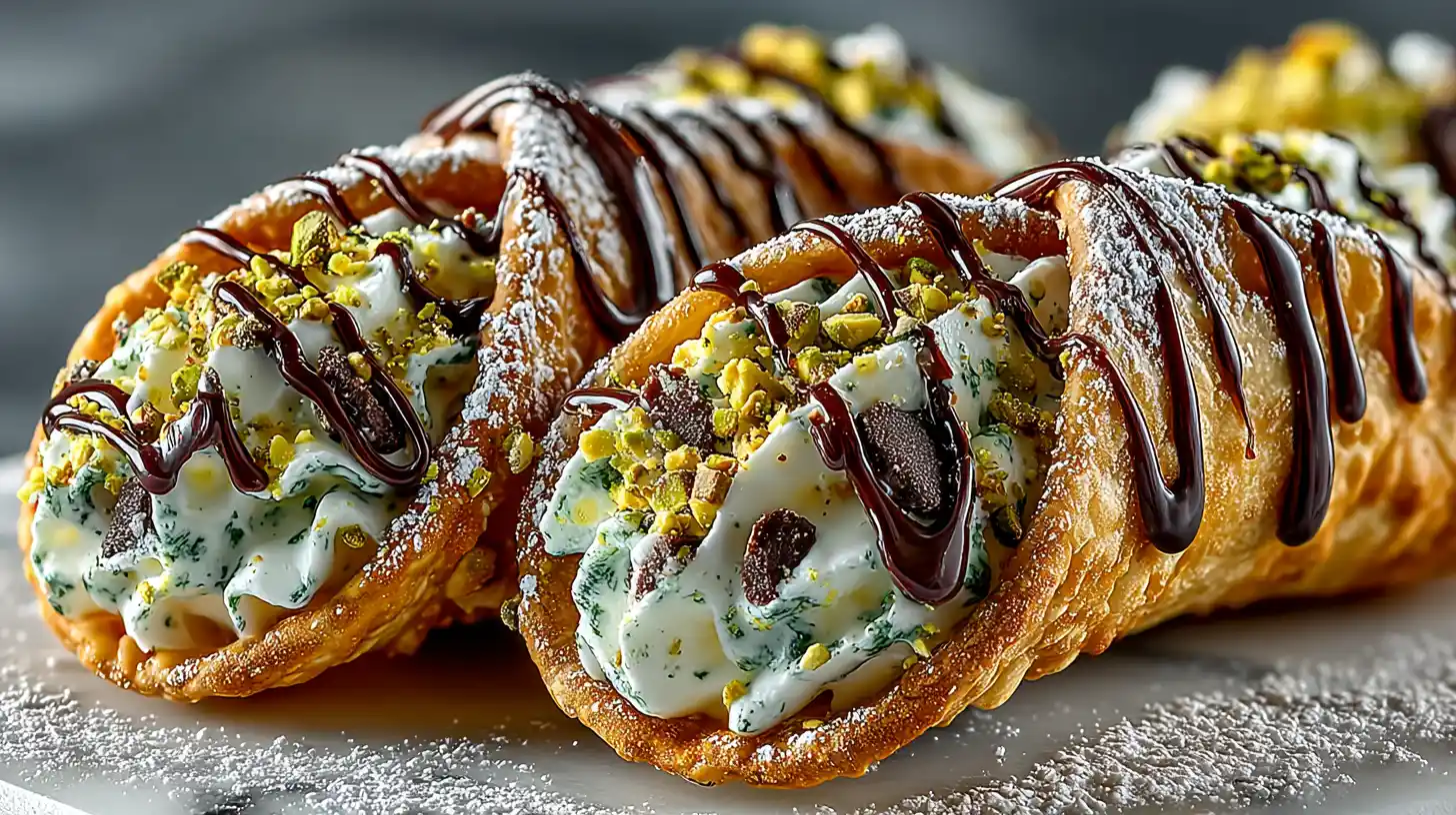 Classic Italian cannoli filled with sweet ricotta cream and chocolate chips on marble counter