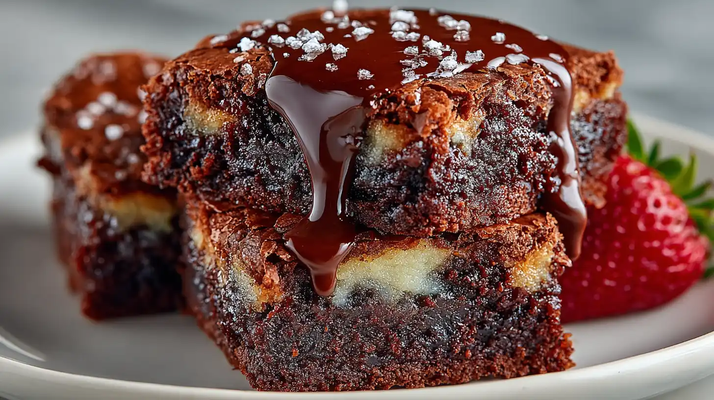 Extra fudgy ricotta brownies with chocolate ganache stacked on white plate on marble counter