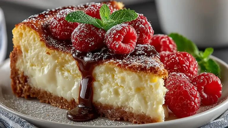 Slice of Italian ricotta cheesecake with raspberries on white plate on marble counter