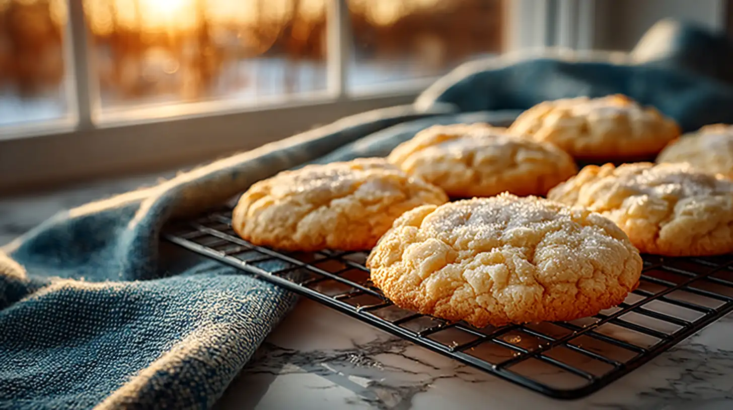 Freshly baked sugar cookies cooling on rack on marble counter