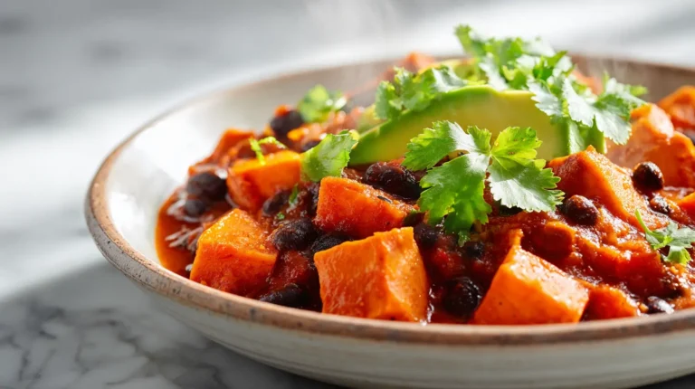 Bowl of vegan sweet potato and black bean chili with fresh cilantro and avocado on white marble counter