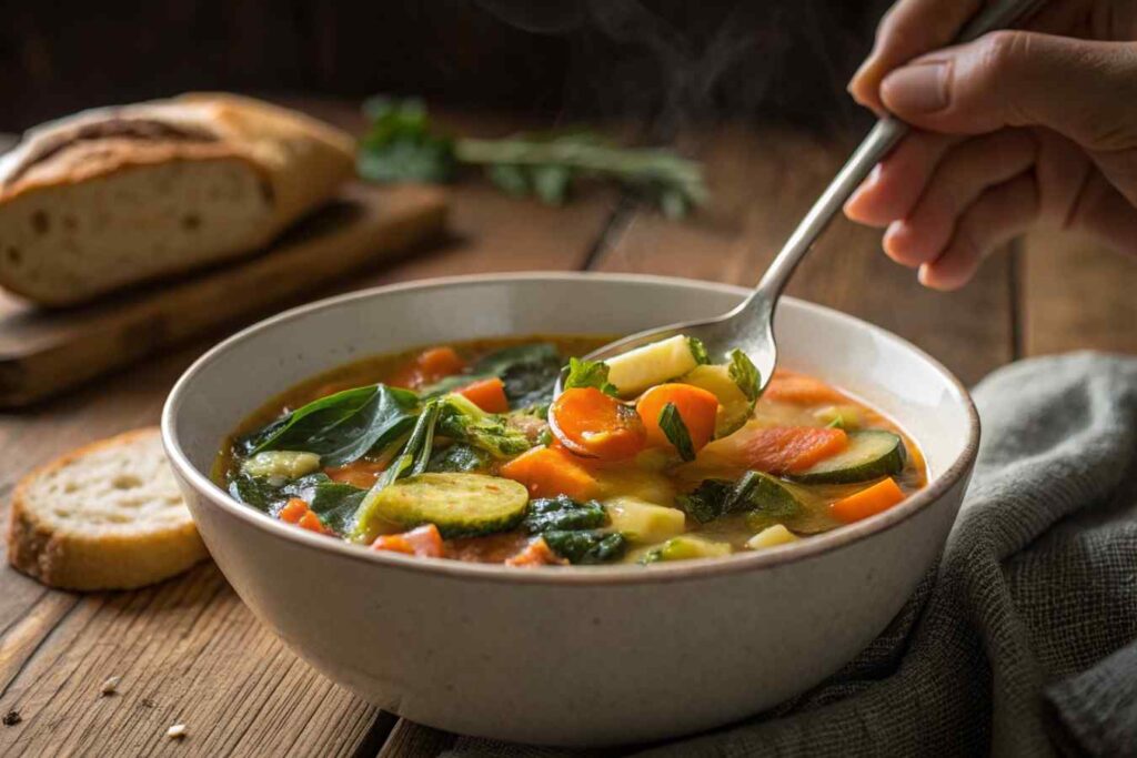Warm bowl of vegetable soup with fresh veggies.