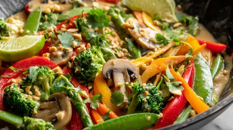 Vegetable stir-fry with peanut sauce featuring colorful vegetables, garnished with peanuts and cilantro in wok