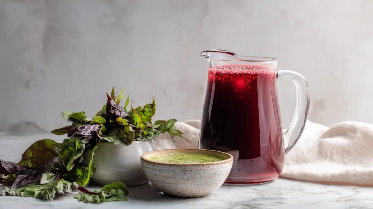 sorrel recipe featuring both red hibiscus drink and fresh green sorrel leaves